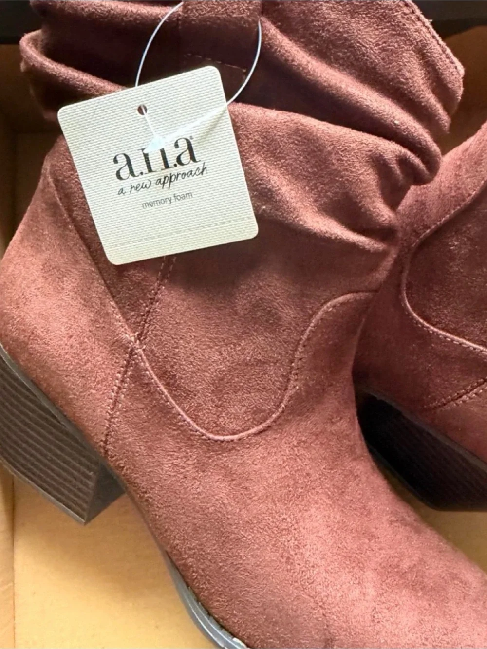 Ana Womens Delia Porchini Stacked Heel Slouch Boots Suede Choc Brown Shoes 6